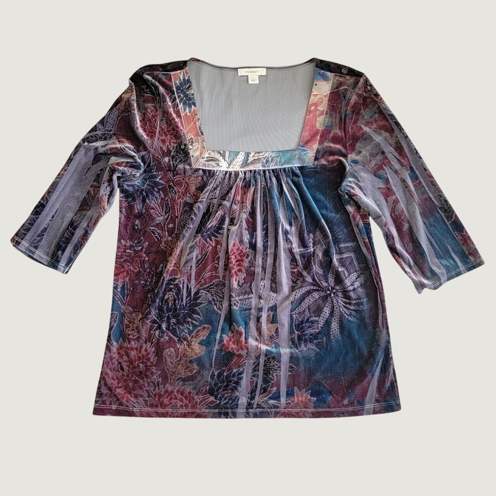 Dressbarn Womens Large Square Neck 3/4 Sleeve Floral Velvet Top Multicolor